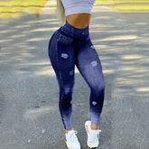 Women's Slim Leggings Fashion Faux Denim Jeans Bottom Pants Plus Size Sports Push Up Calf Pants High Waist Elastic Pants